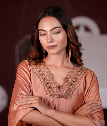 Rose Gold Silk Kaftan with Heavy Handwork Mirror & Thread Embroidery