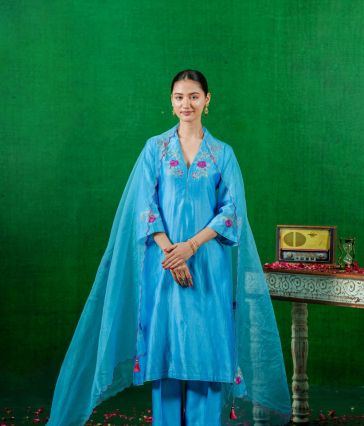 Silk  Chanderi Suit with Orgnza Dupta Hand Embrodiray