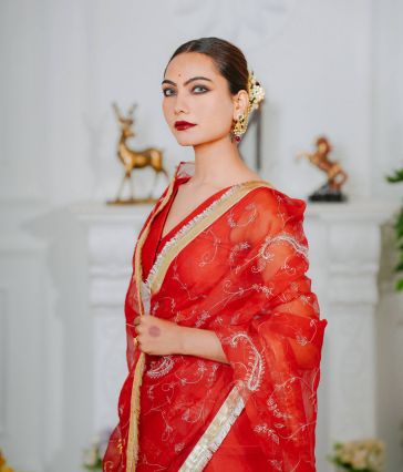 Woman in a red saree with gold border indoors by Amahi Fashion