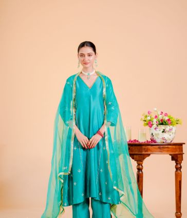 Silk Chanderi Suit Suot Pure Orgnza Aline Suit Pure Hand Work Dupta Detail With Kiran