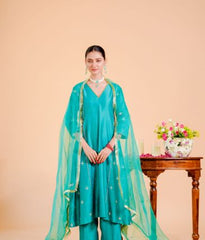 Silk Chanderi Suit Suot Pure Orgnza Aline Suit Pure Hand Work Dupta Detail With Kiran