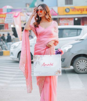 Pure Organza Satin Saree with Complete Dabka Hand Embroidery Highlights and Pearl Accents