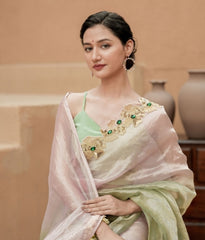 Pure Tissue Blush Gold Saree with Hand-Embroidered Green Stone Border