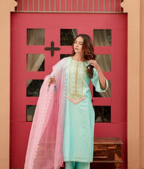 Silk Chanderi  Suit with Orgnza cut work Dupta Detail with Hand Embrodiray