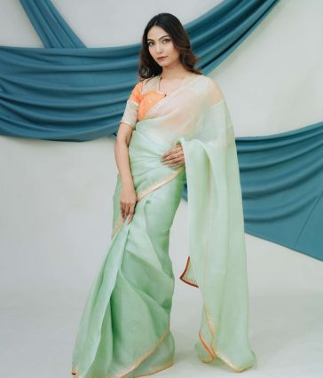 Pure Satin Organza Saree with Handcrafted Dabka and Sequin Embroidery