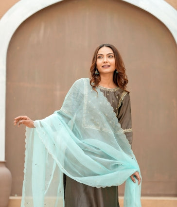 Mocha Silk Chanderi Hand-Embroidered Suit Set with Aqua Organza Dupatta
