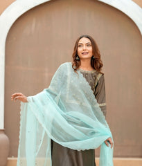 Mocha Silk Chanderi Hand-Embroidered Suit Set with Aqua Organza Dupatta