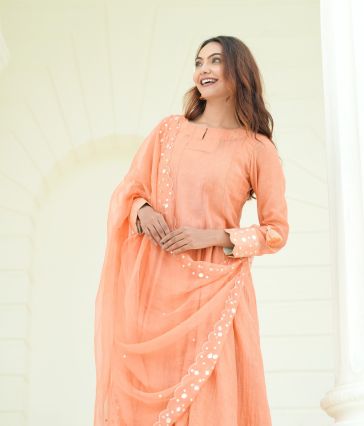 Mul Chanderi Suit with Organza Dupatta & Mirror Hand Embroidery