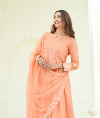 Mul Chanderi Suit with Organza Dupatta & Mirror Hand Embroidery