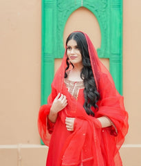 Scarlet Red Silk Chanderi Hand-Embroidered Suit Set with Matching Organza Dupatta