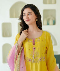 Sunlit Marigold Silk Chanderi Hand-Embroidered Suit Set with Ombre Organza Dupatta