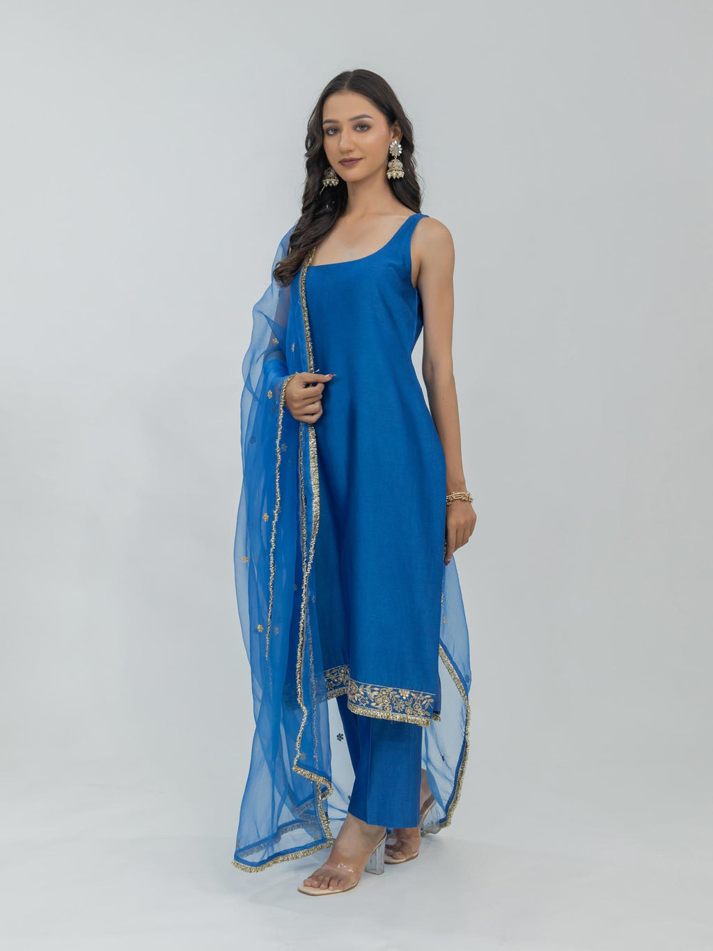 Silk Chanderi Kurti and Pant with Organza Dupatta