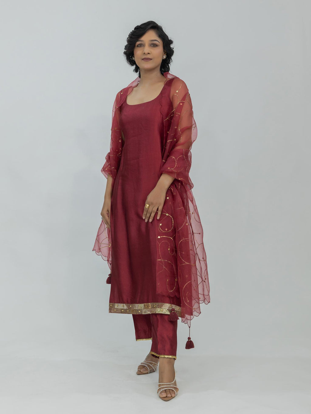 Pure Chiniya Silk Kurti and Pant with Organza Dupatta