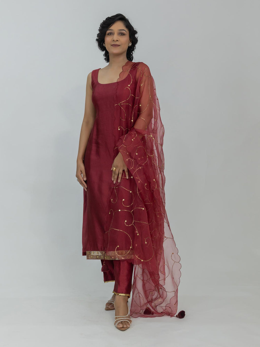 Pure Chiniya Silk Kurti and Pant with Organza Dupatta