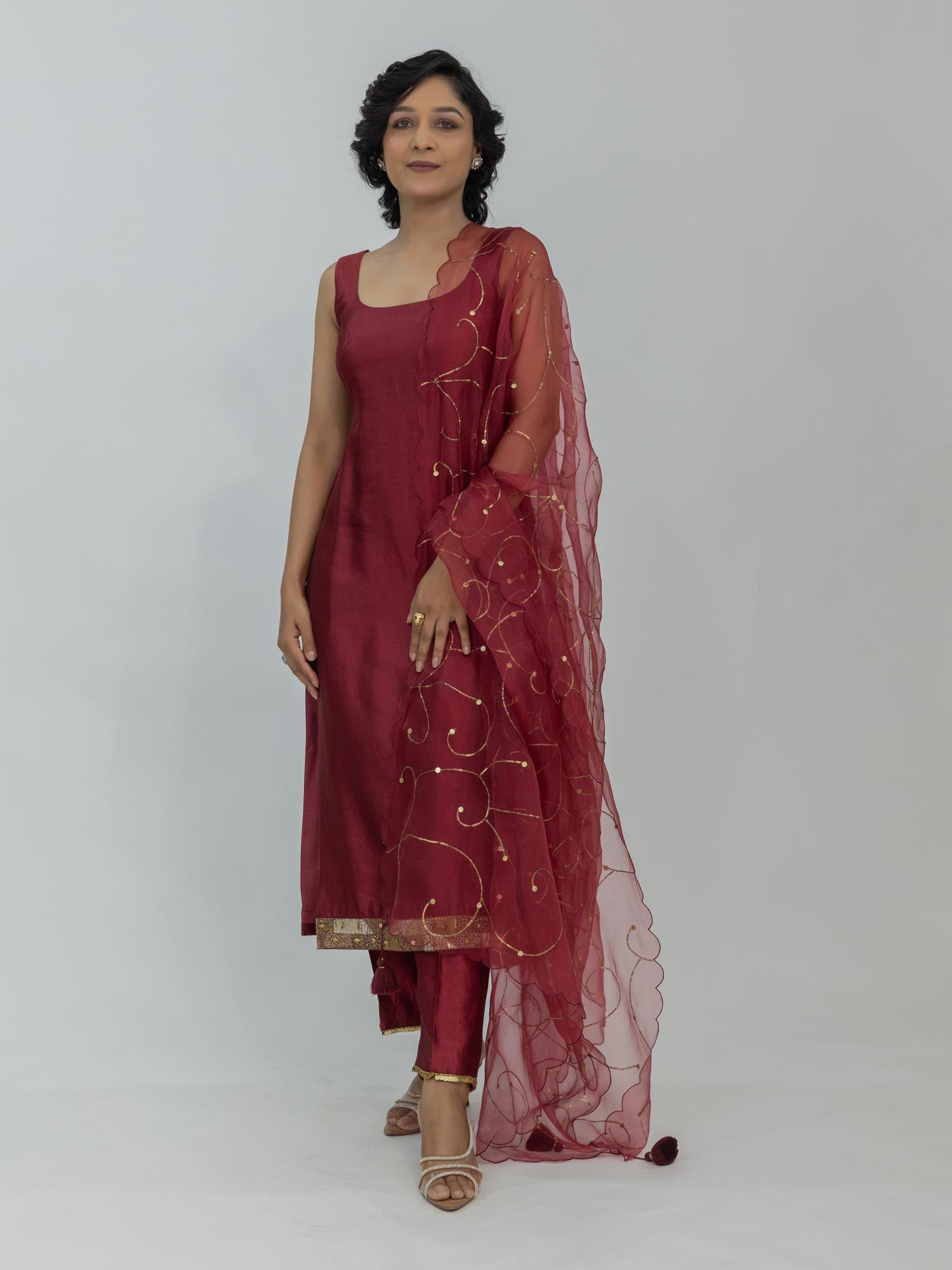 Pure Chiniya Silk Kurti and Pant with Organza Dupatta