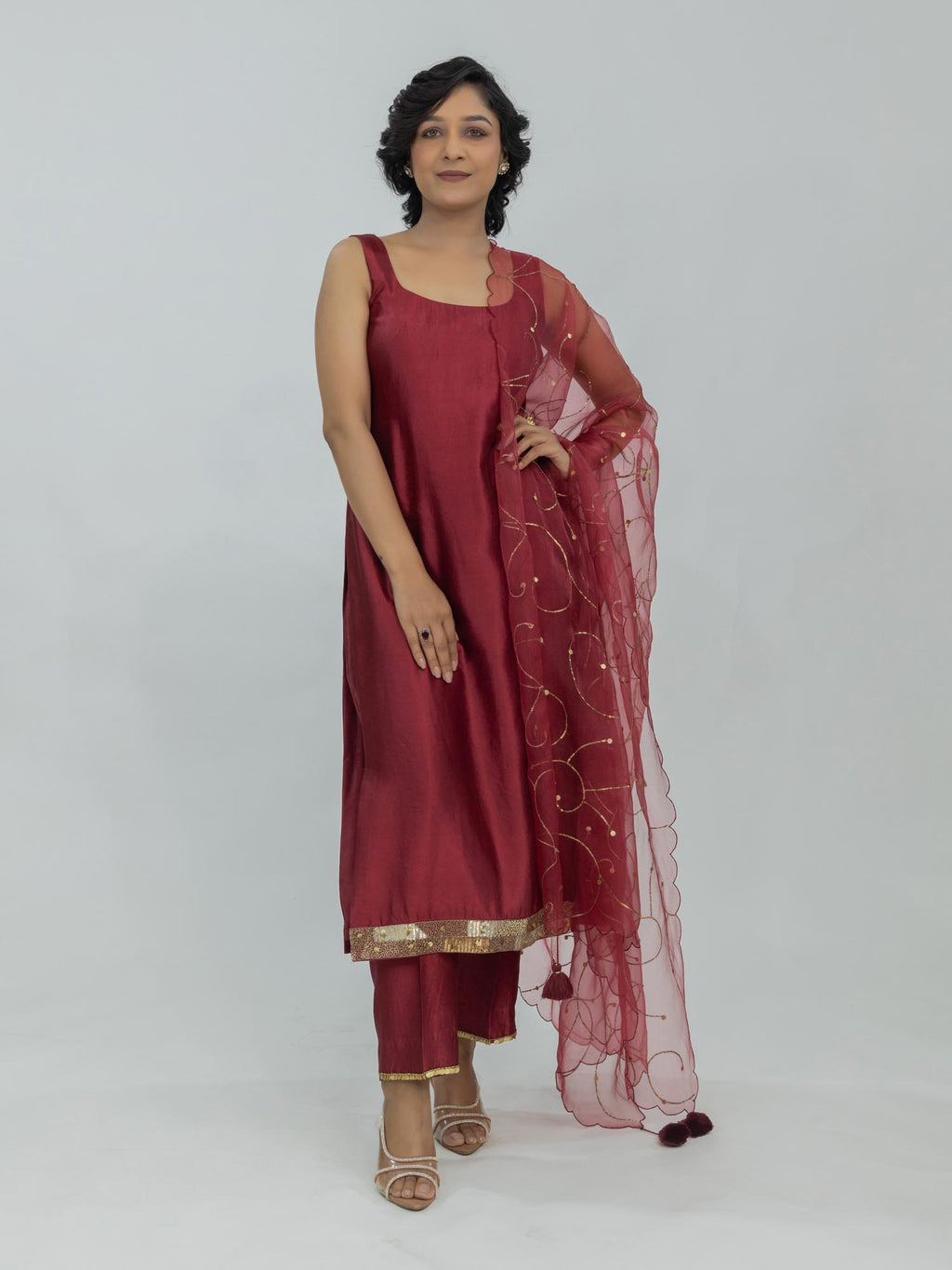 Pure Chiniya Silk Kurti and Pant with Organza Dupatta