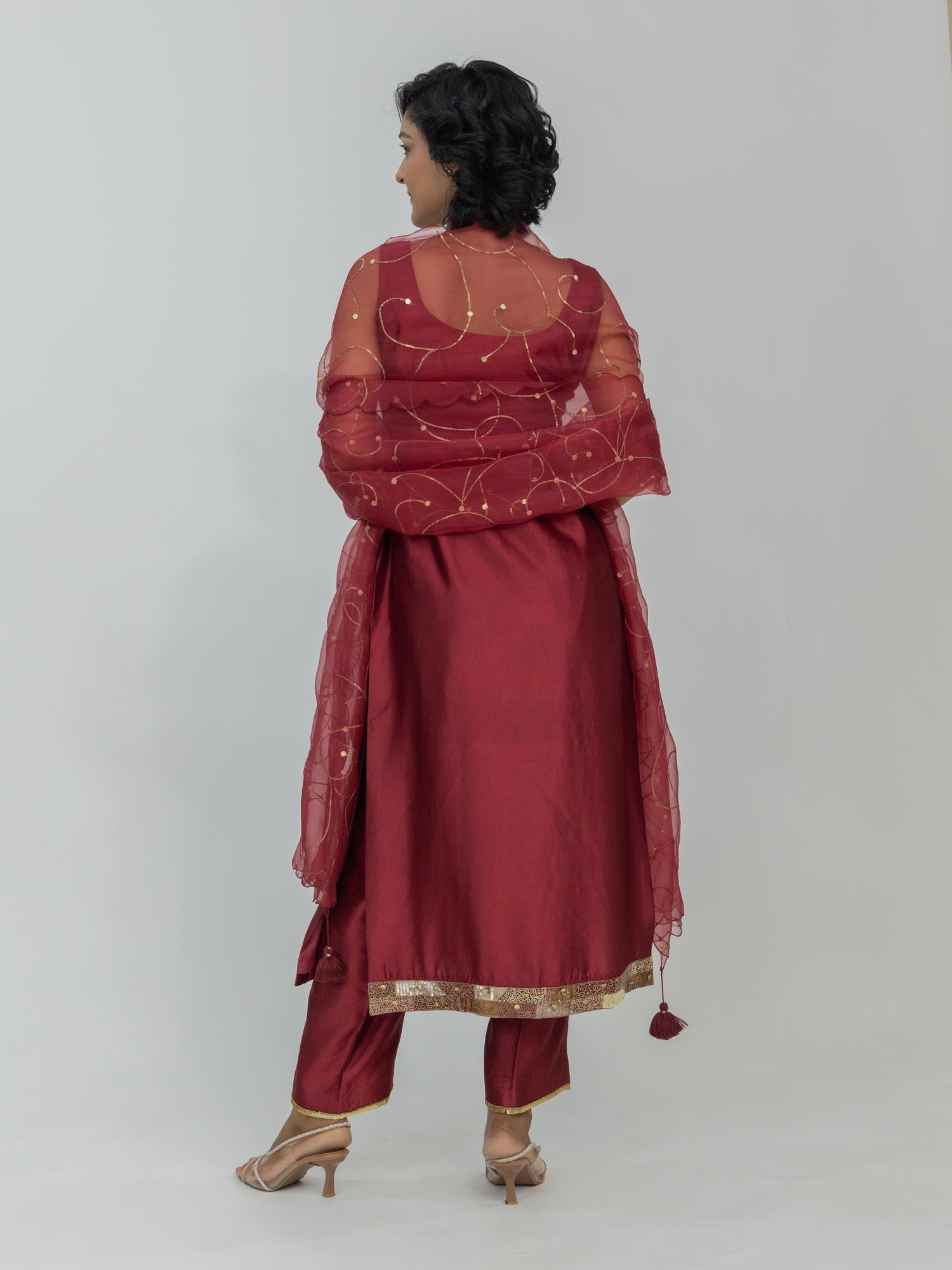 Pure Chiniya Silk Kurti and Pant with Organza Dupatta