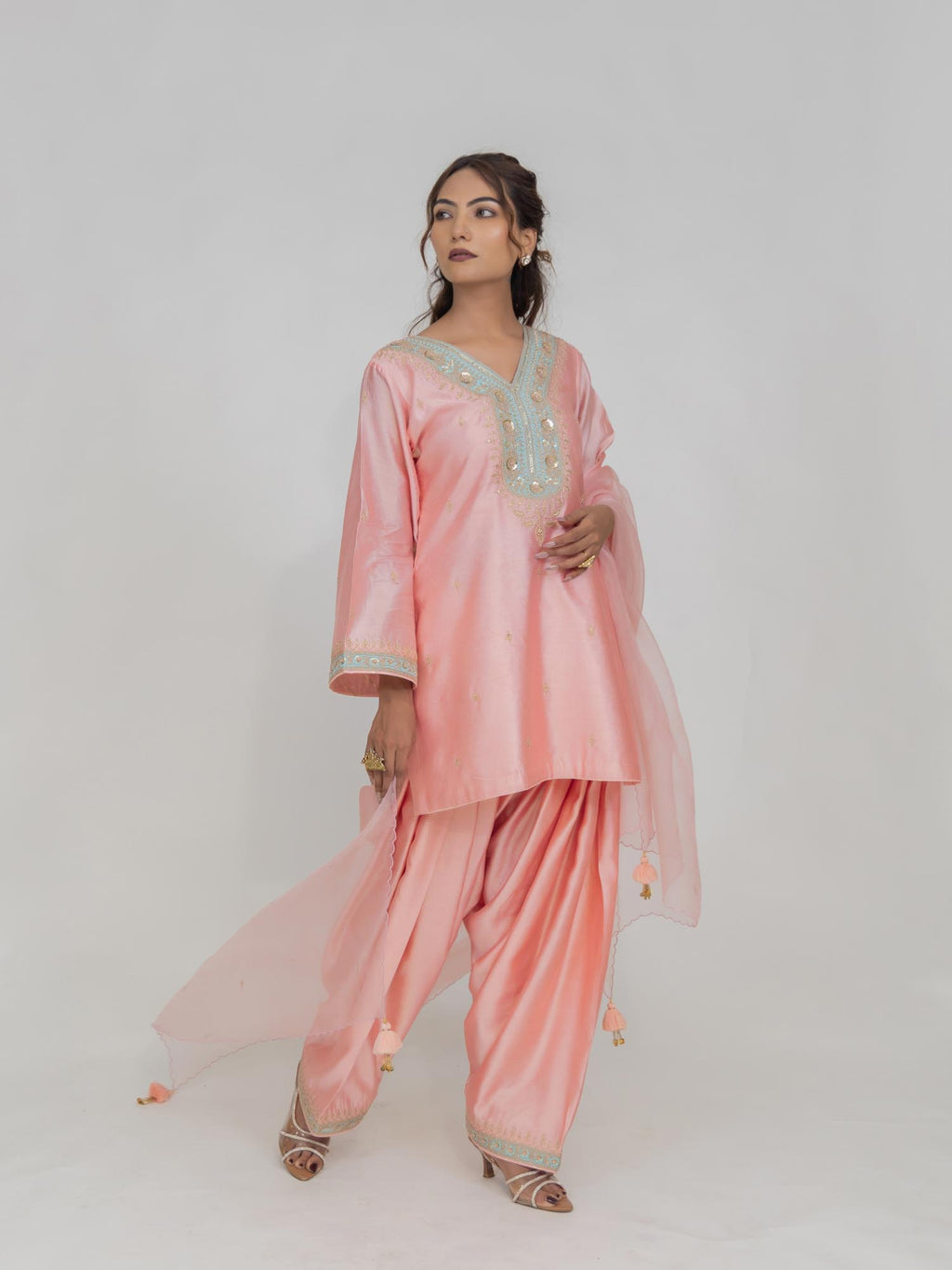 Pure Chiniya Silk Kurti and Farsi Salwar with Organza Dupatta