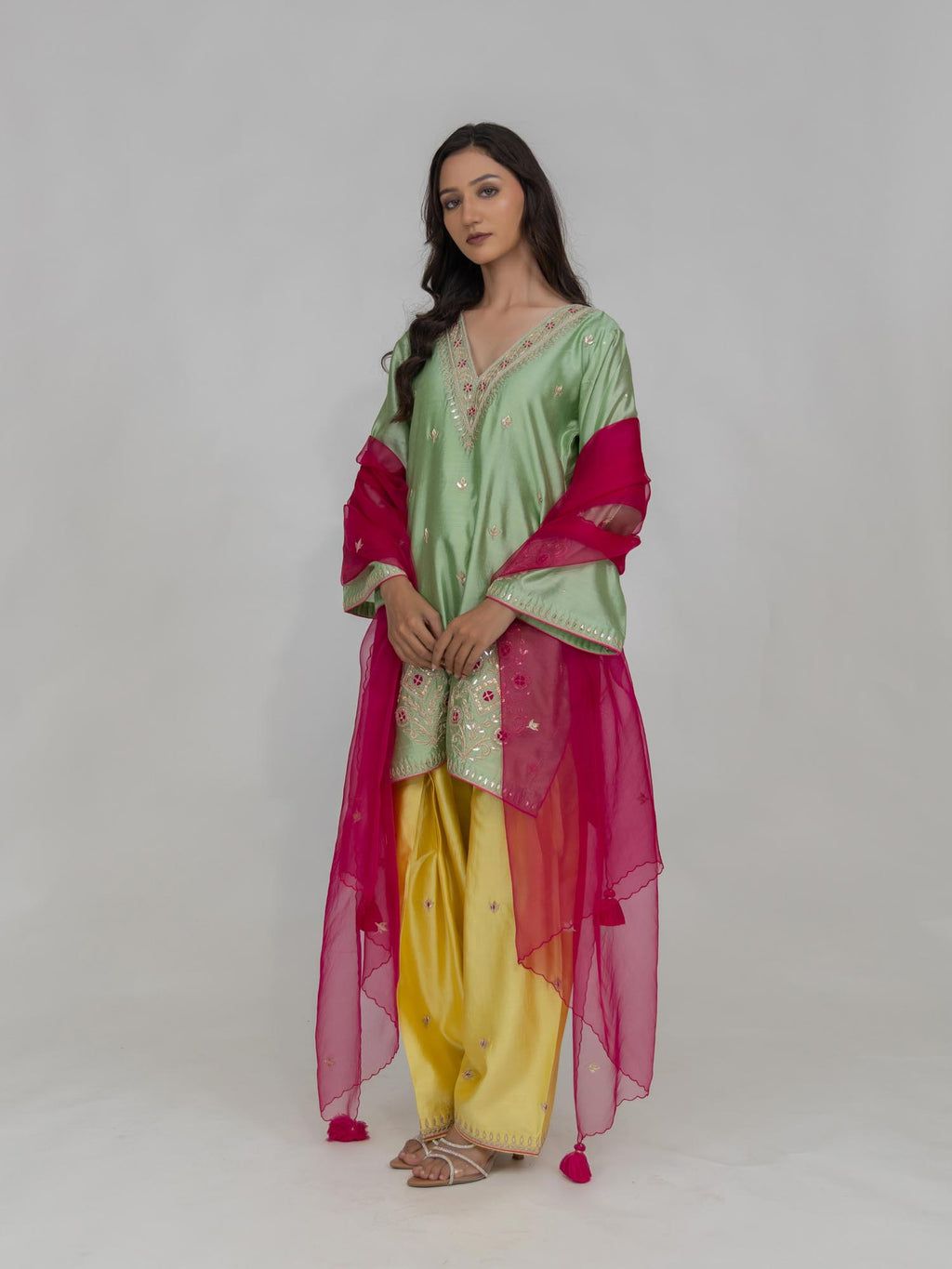 Pure Chiniya Silk Kurti and Bottom with Organza Dupatta