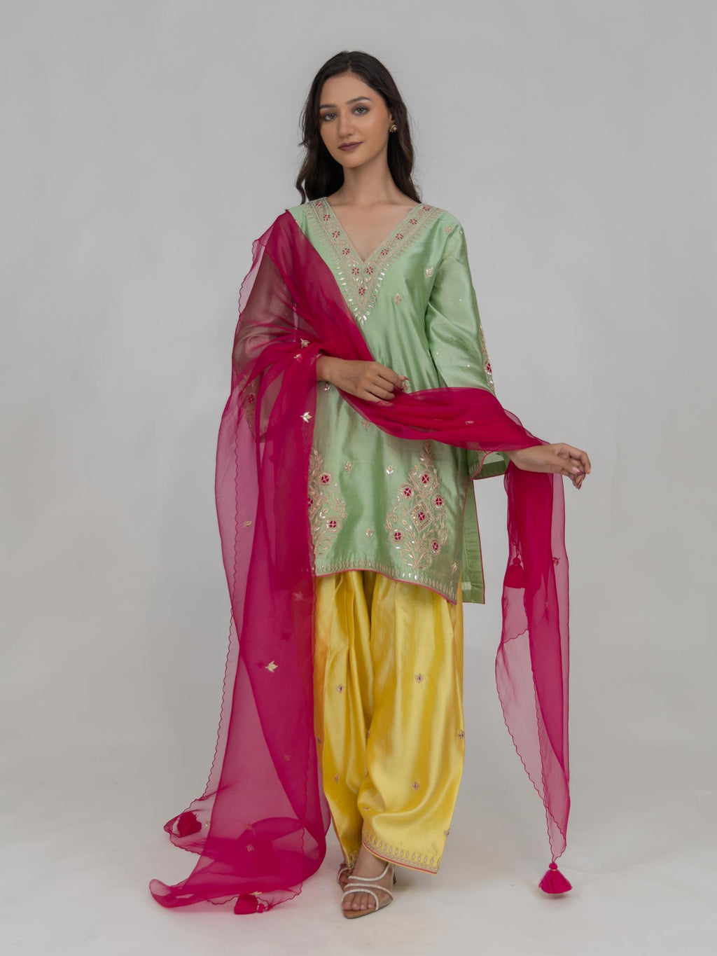 Pure Chiniya Silk Kurti and Bottom with Organza Dupatta