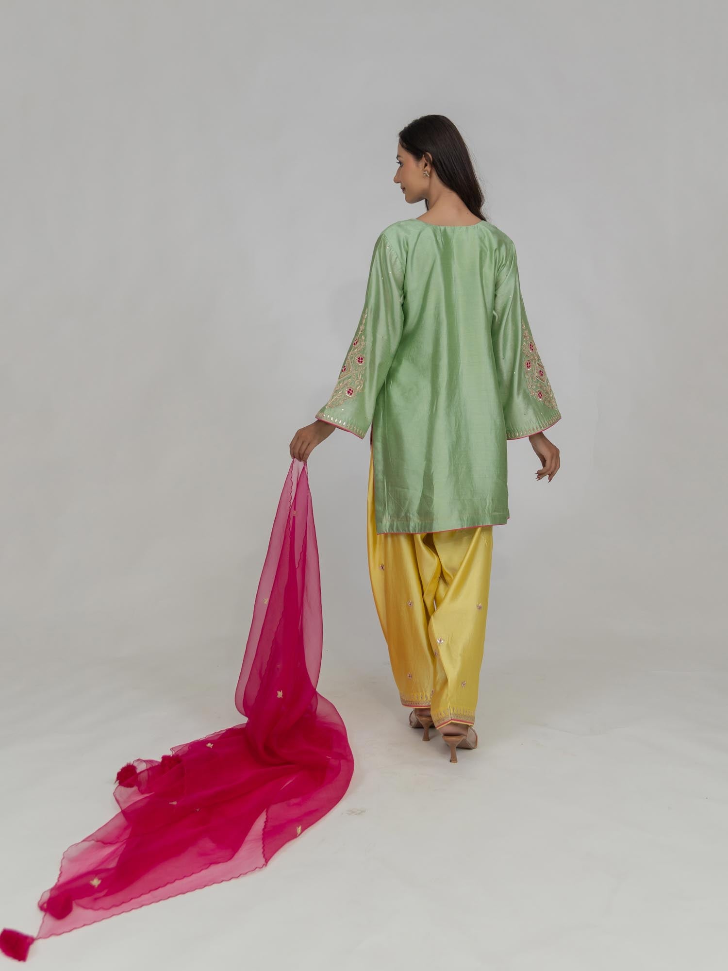 Pure Chiniya Silk Kurti and Bottom with Organza Dupatta