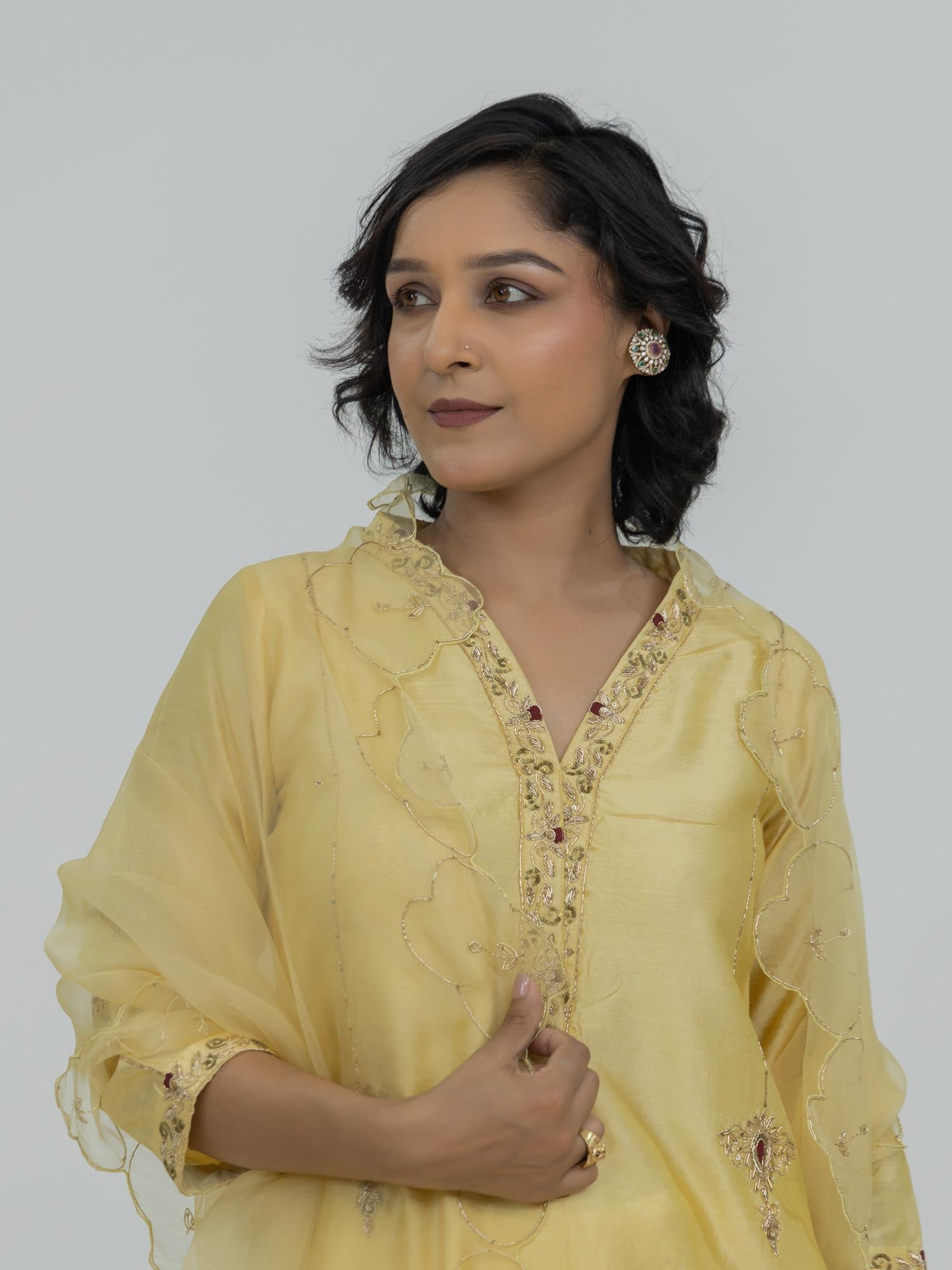 Pure Chiniya Silk Kurti and Bottom with Organza Dupatta
