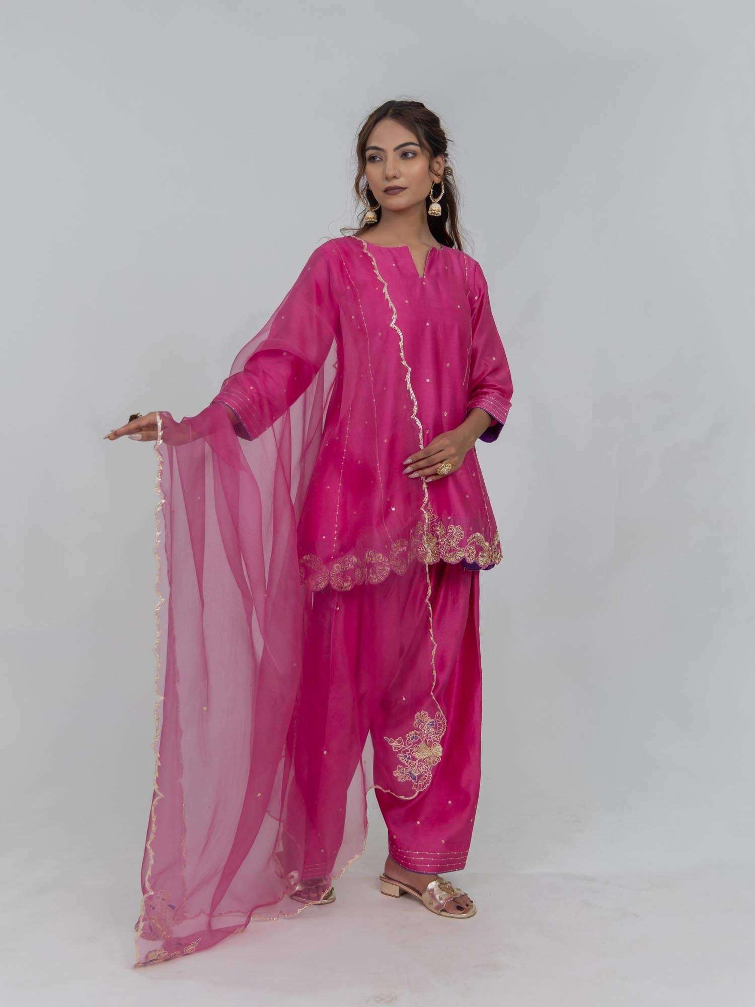 Pure Chanderi Silk Kurti and Salwar with Organza Dupatta