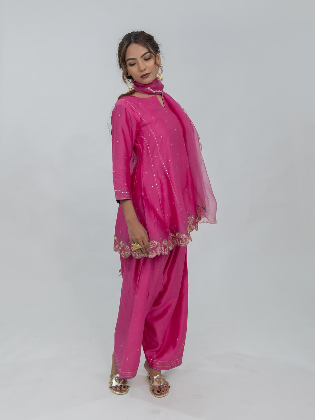 Pure Chanderi Silk Kurti and Salwar with Organza Dupatta