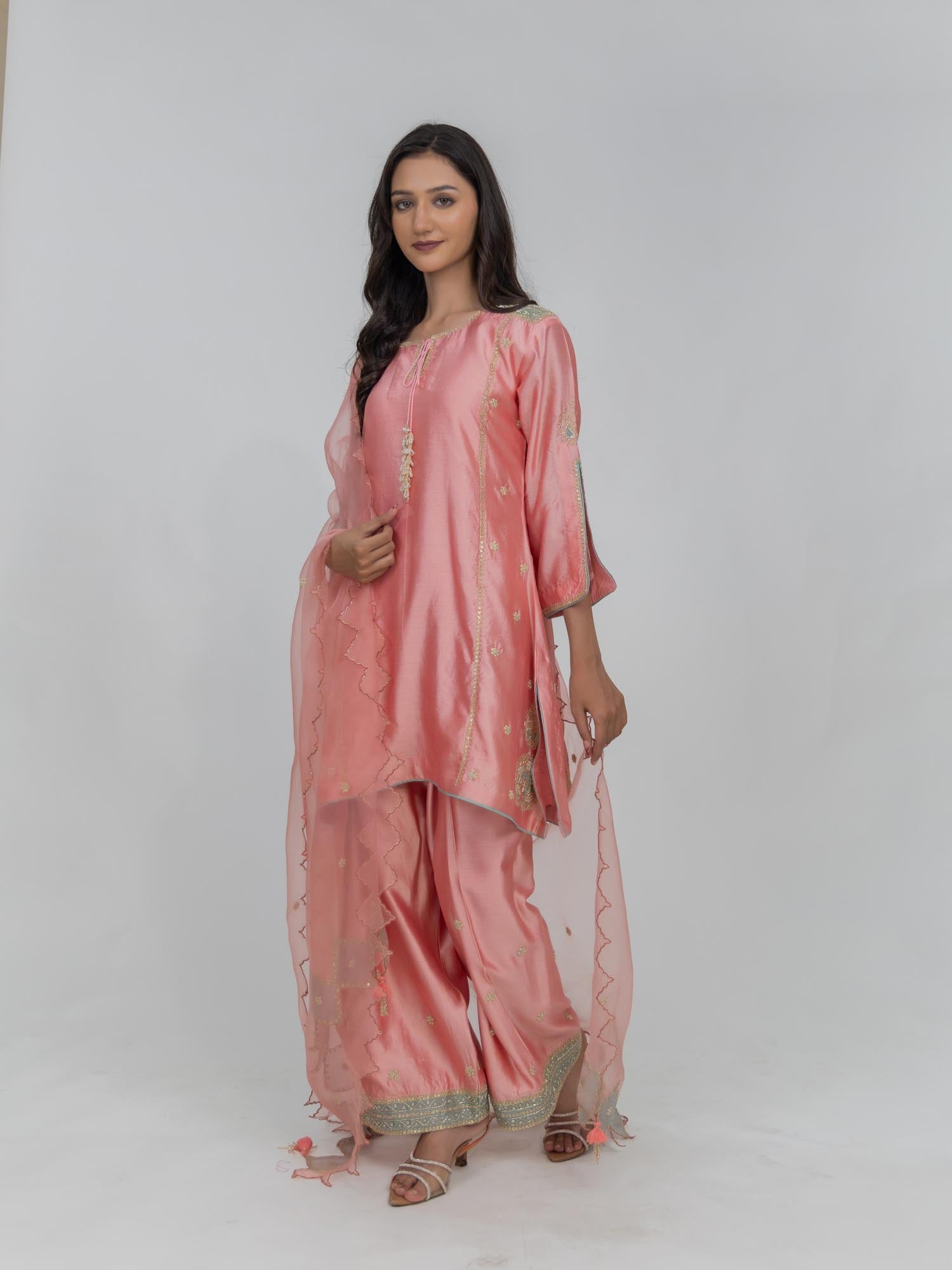 Pure Chiniya Silk Kurti and Bottom with Organza Dupatta