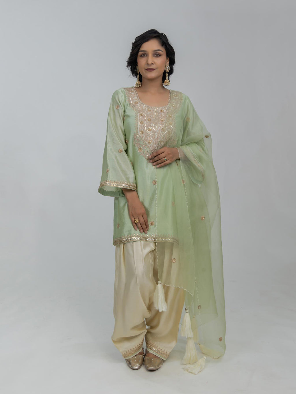 Pure Chiniya Silk Kurti and Farsi Salwar with pure Marori Hand Embroidery Organza Dupatta
