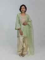 Pure Chiniya Silk Kurti and Farsi Salwar with pure Marori Hand Embroidery Organza Dupatta