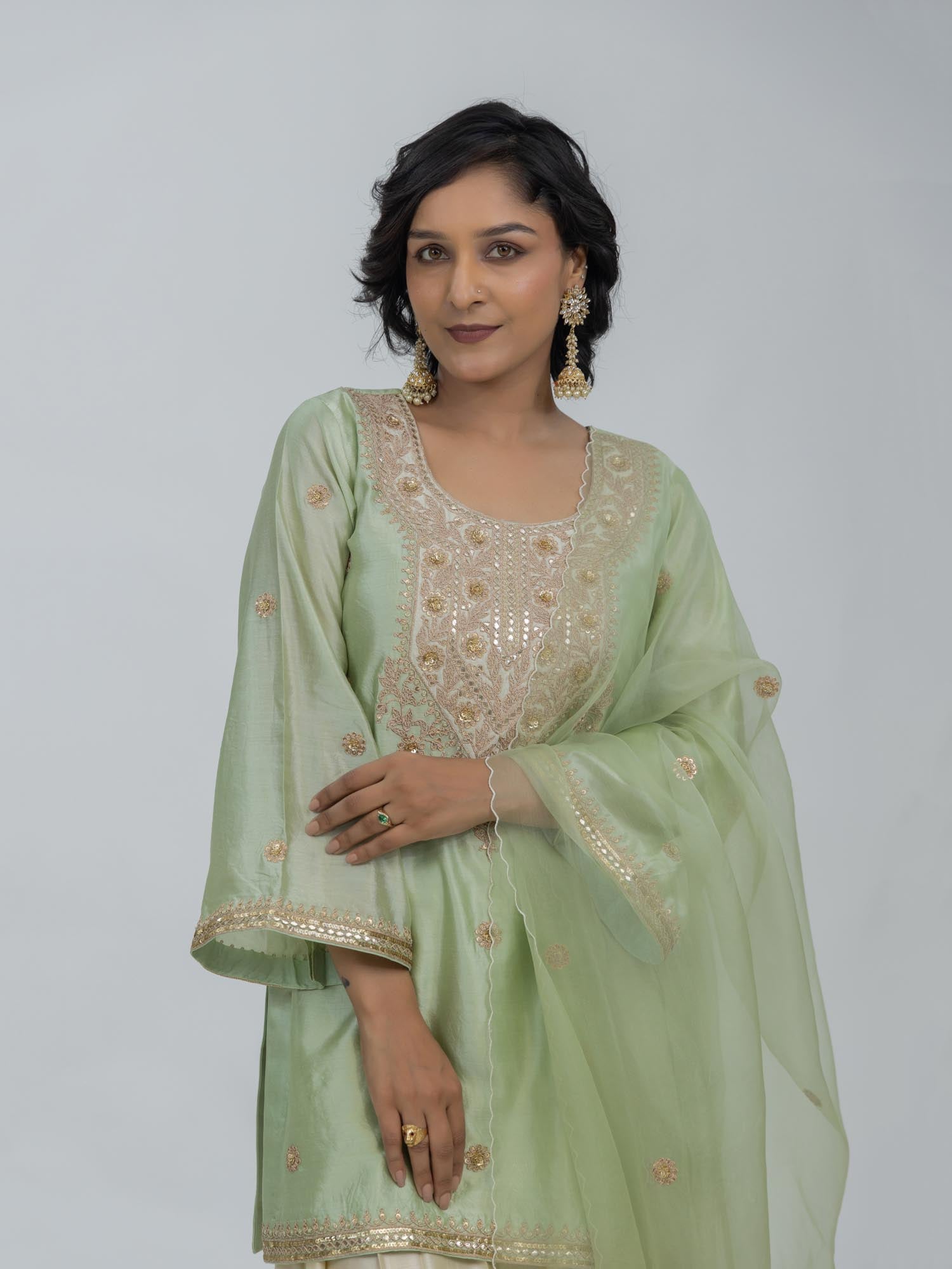 Pure Chiniya Silk Kurti and Farsi Salwar with pure Marori Hand Embroidery Organza Dupatta