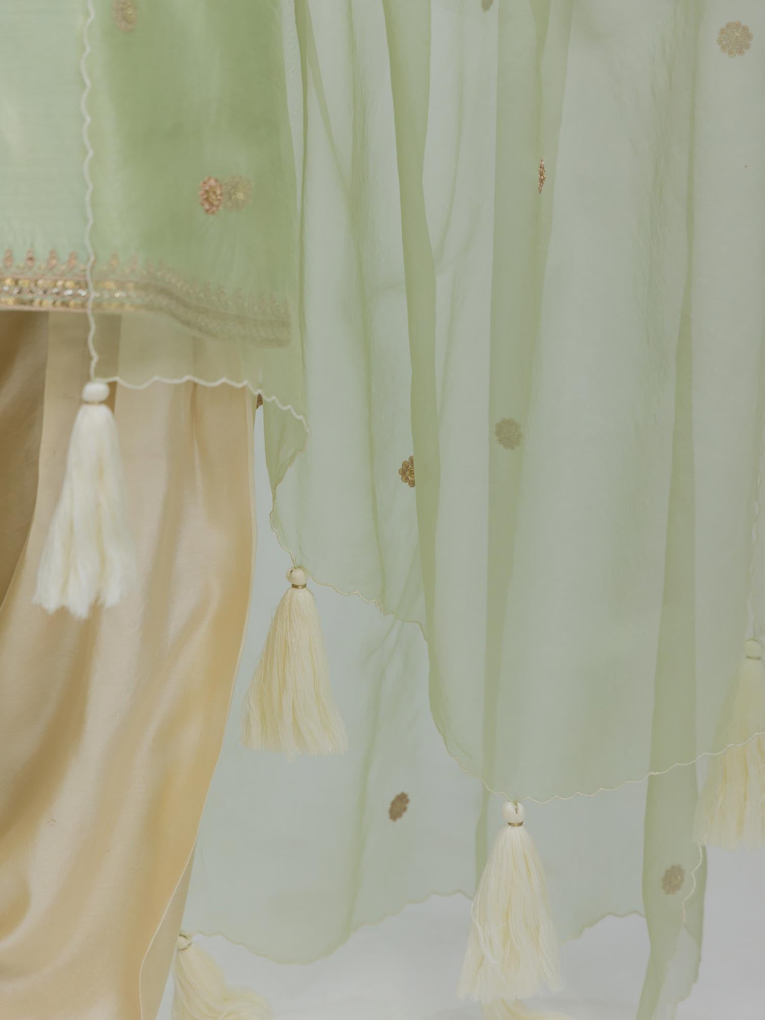 Pure Chiniya Silk Kurti and Farsi Salwar with pure Marori Hand Embroidery Organza Dupatta