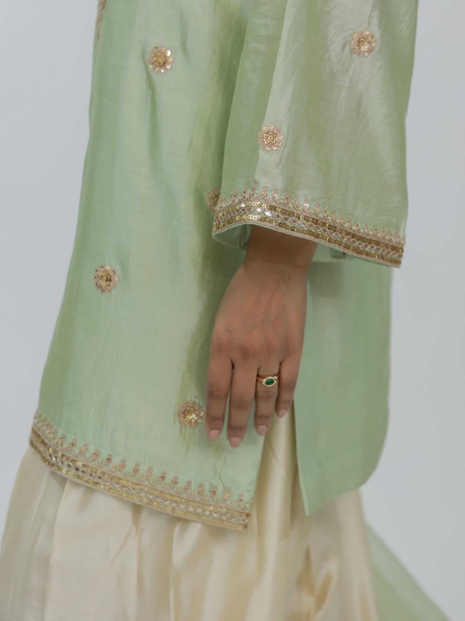 Pure Chiniya Silk Kurti and Farsi Salwar with pure Marori Hand Embroidery Organza Dupatta