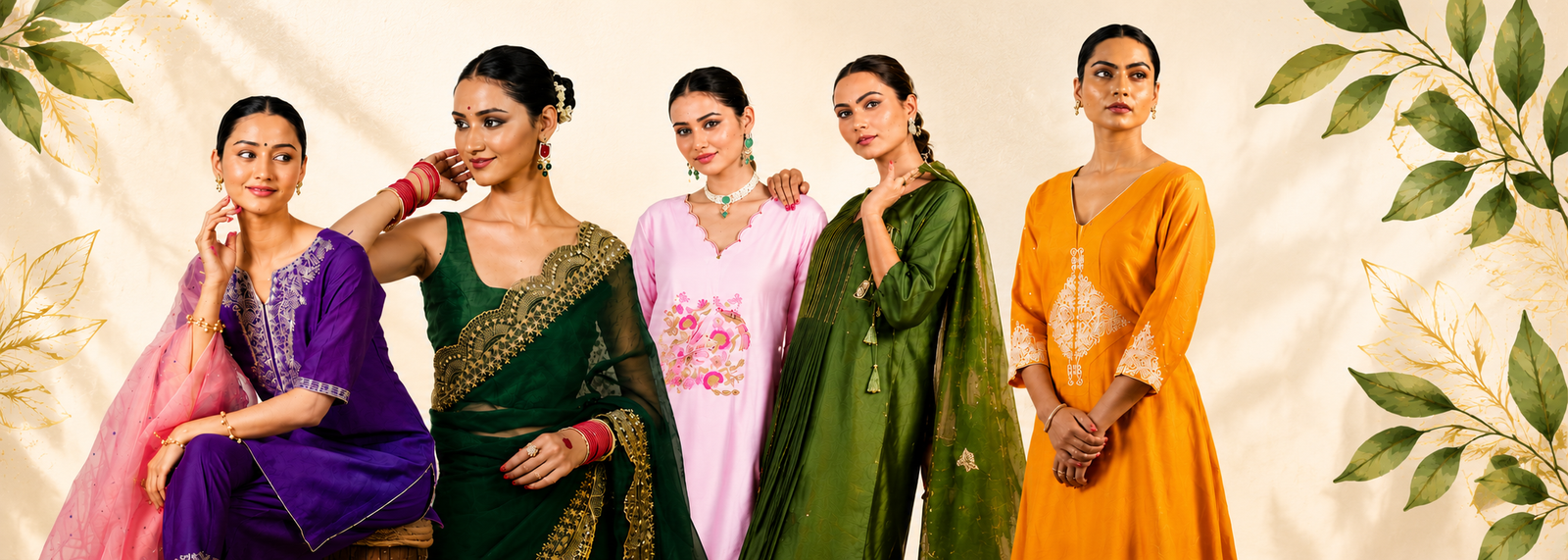 Amahi Fashion handcrafted Jaipur ethnic wear collection banner featuring elegant Indian women in designer sarees and festive outfits