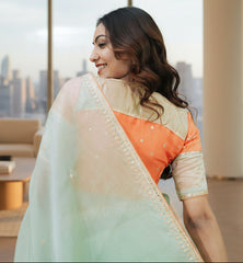 Hand-embroidered Pure Satin Organza Saree with Dabka Work - Amahi Fashion