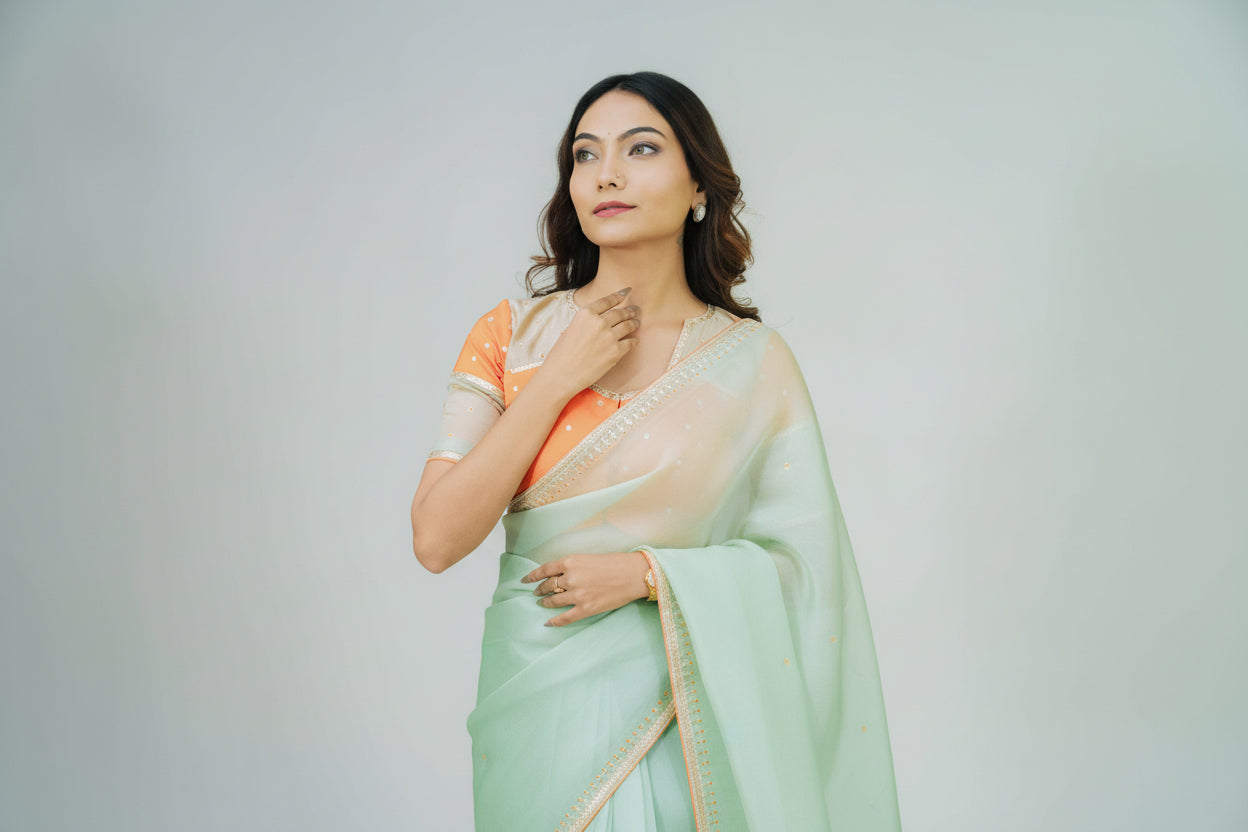 Hand-embroidered Pure Satin Organza Saree with Dabka Work - Amahi Fashion
